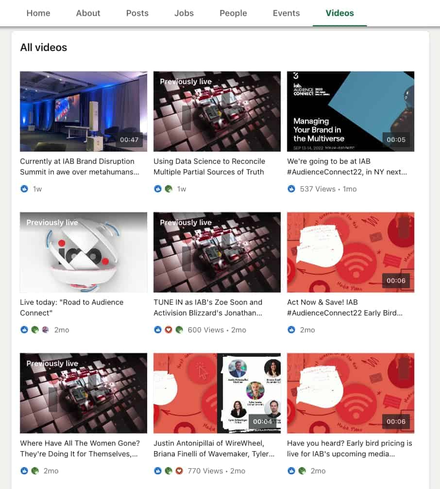 Screenshot of IAB's video stream on LinkedIn showing past live video streams