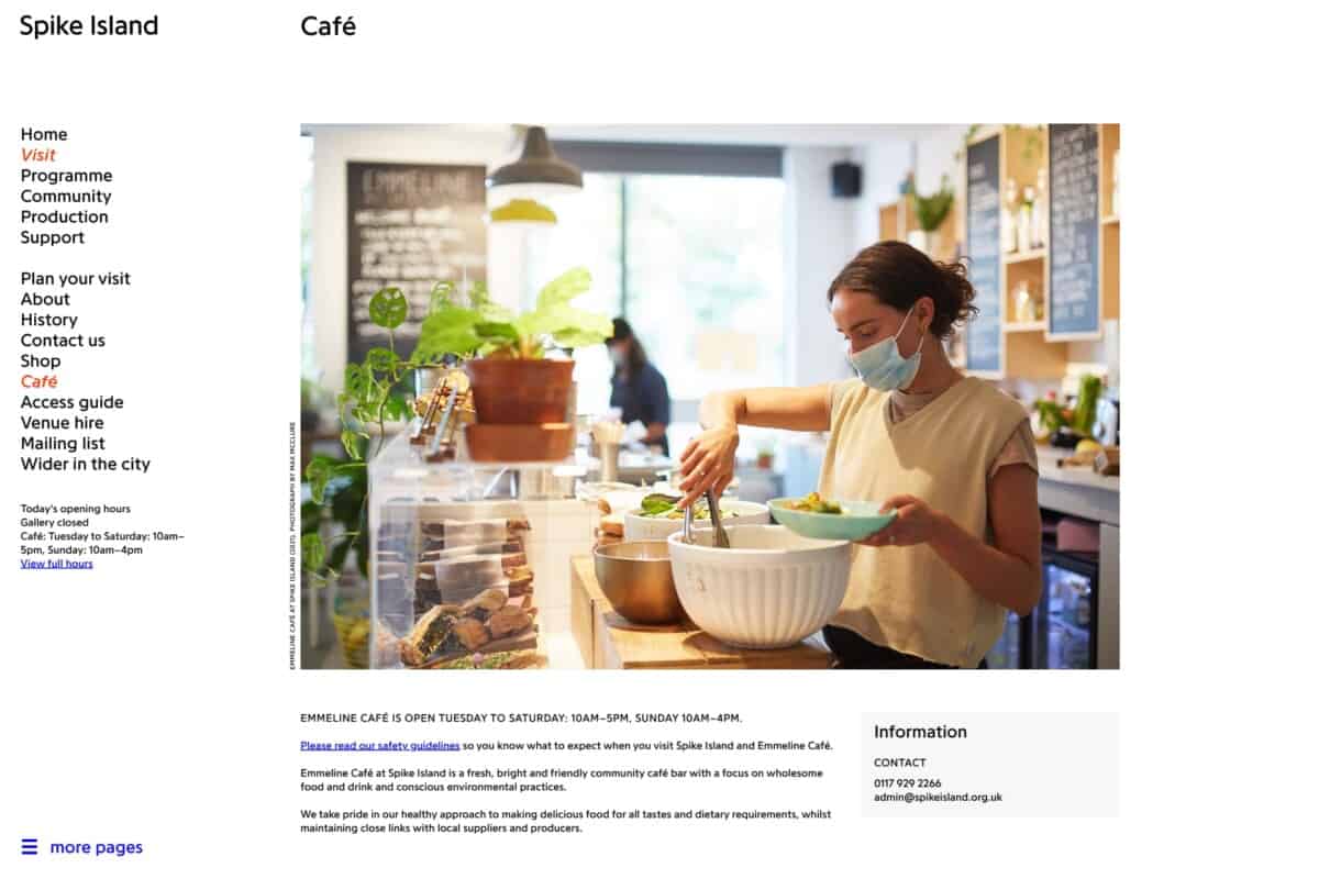 Screenshot of the Spike Island WordPress website showing cafe page