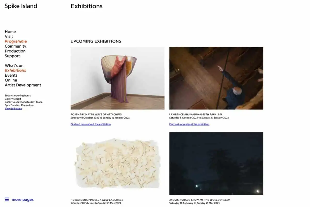 Screenshot of the Spike Island WordPress website showing exhibitions