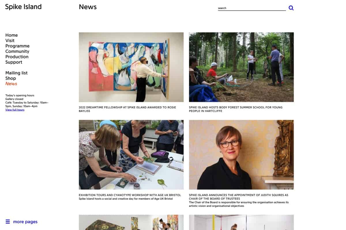 Screenshot of the Spike Island WordPress website showing news page