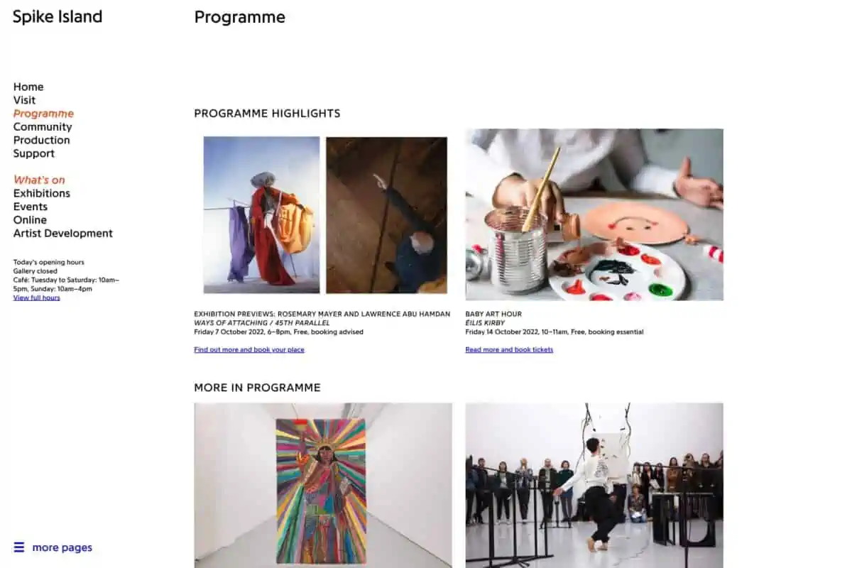 Screenshot of the Spike Island WordPress website showing programme of activity