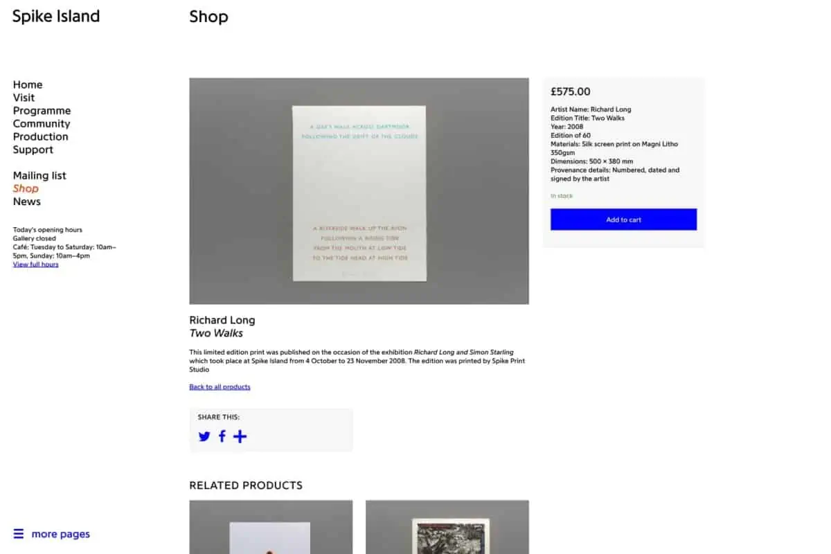 Screenshot of the Spike Island WordPress website showing online shop
