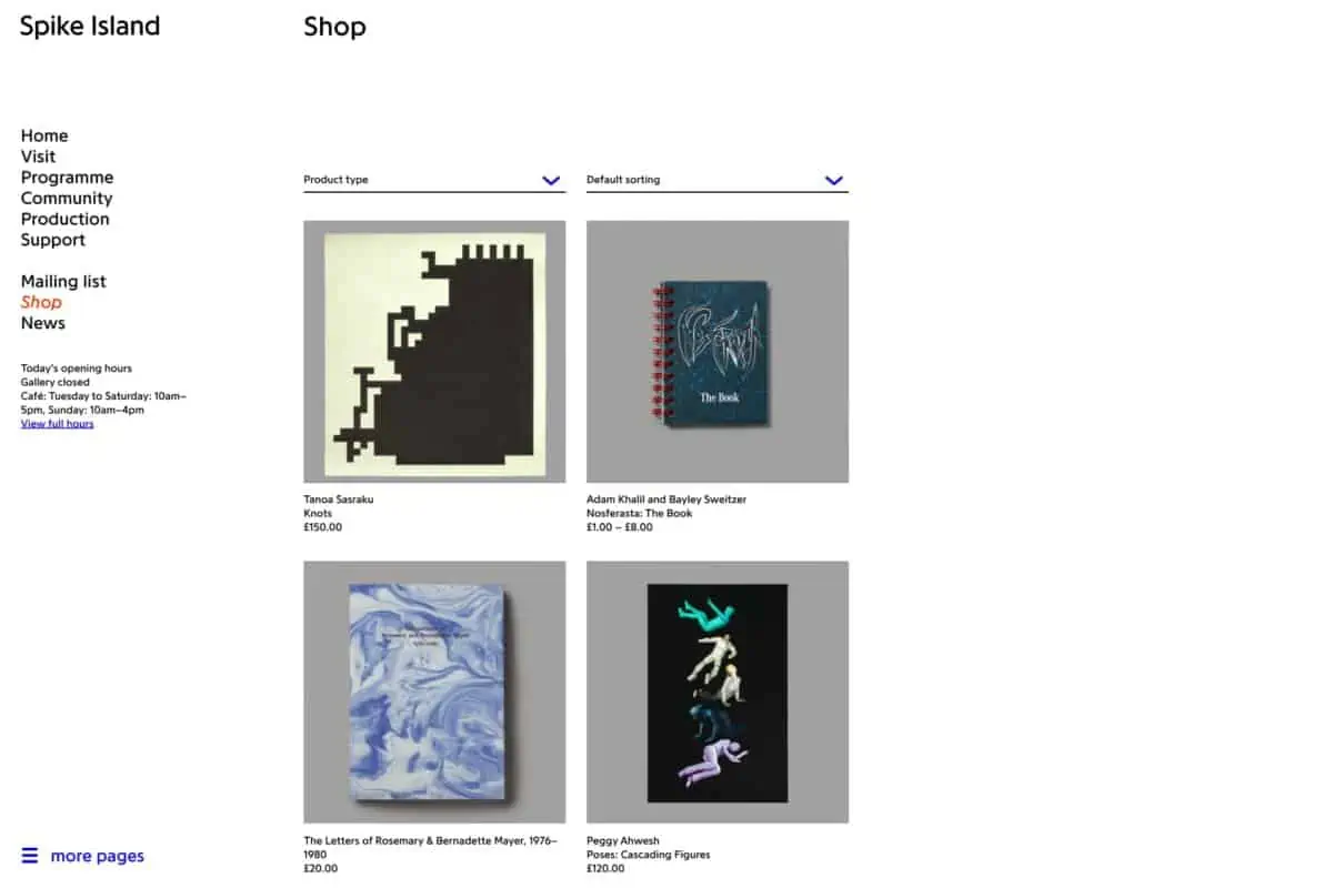Screenshot of the Spike Island WordPress website showing online shop