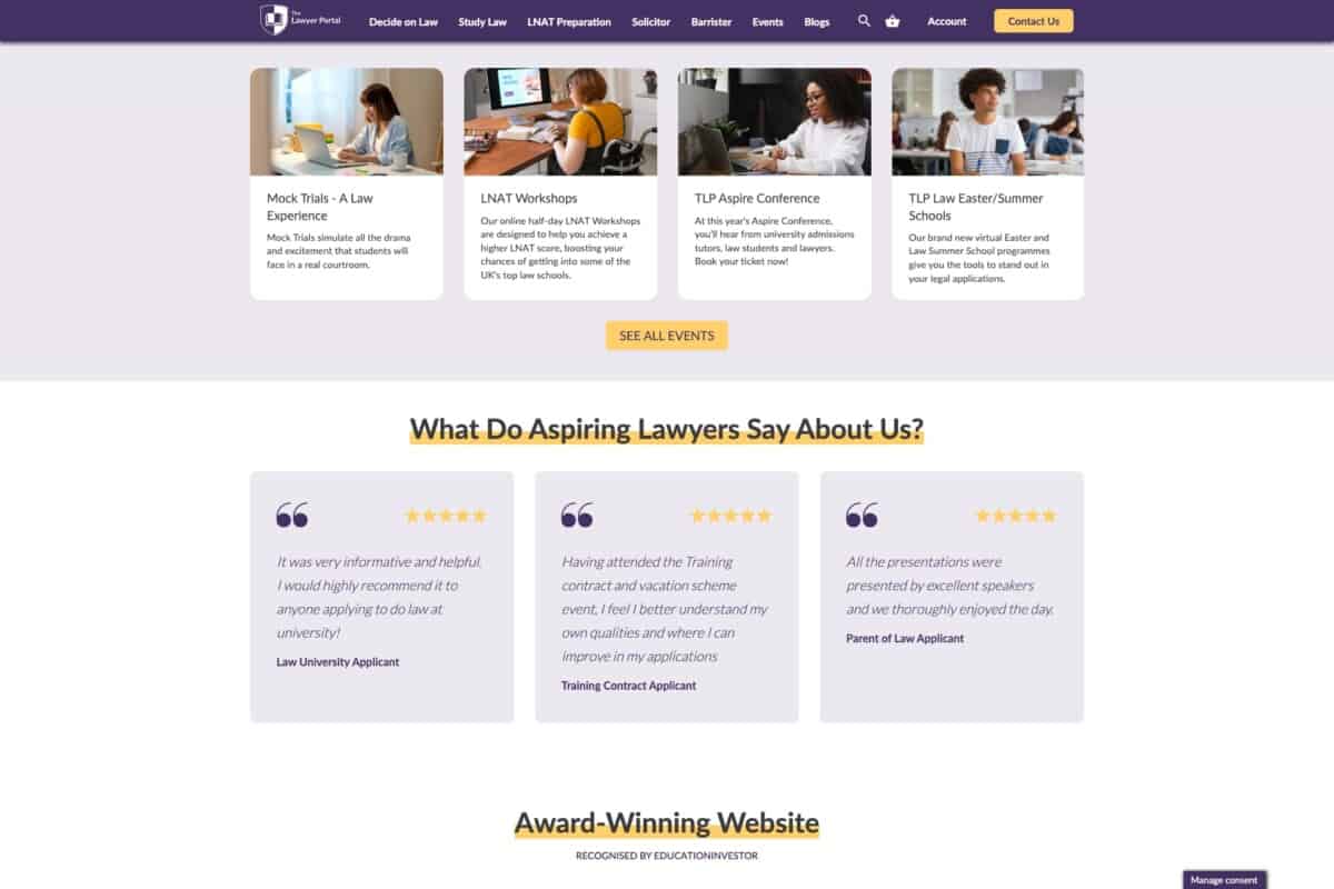 Screenshot of The Lawyer Portal WordPress website showing reviews