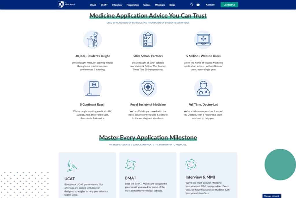 Screenshot of The Medic Portal WordPress website showing advice for getting into Medicine