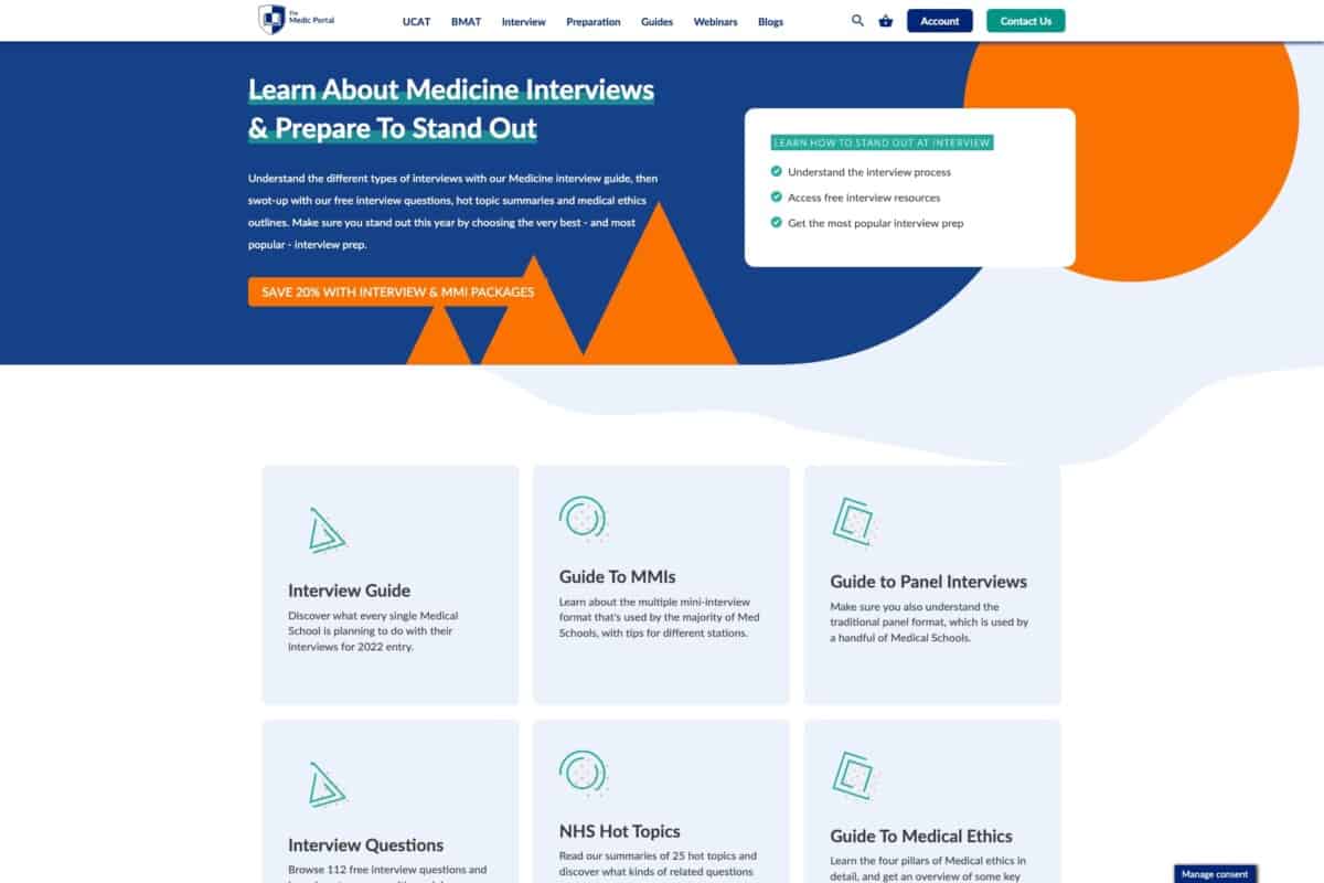 Screenshot of The Medic Portal WordPress website showing advice about interviews