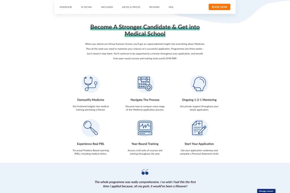 Screenshot of The Medic Portal WordPress website showing summer school