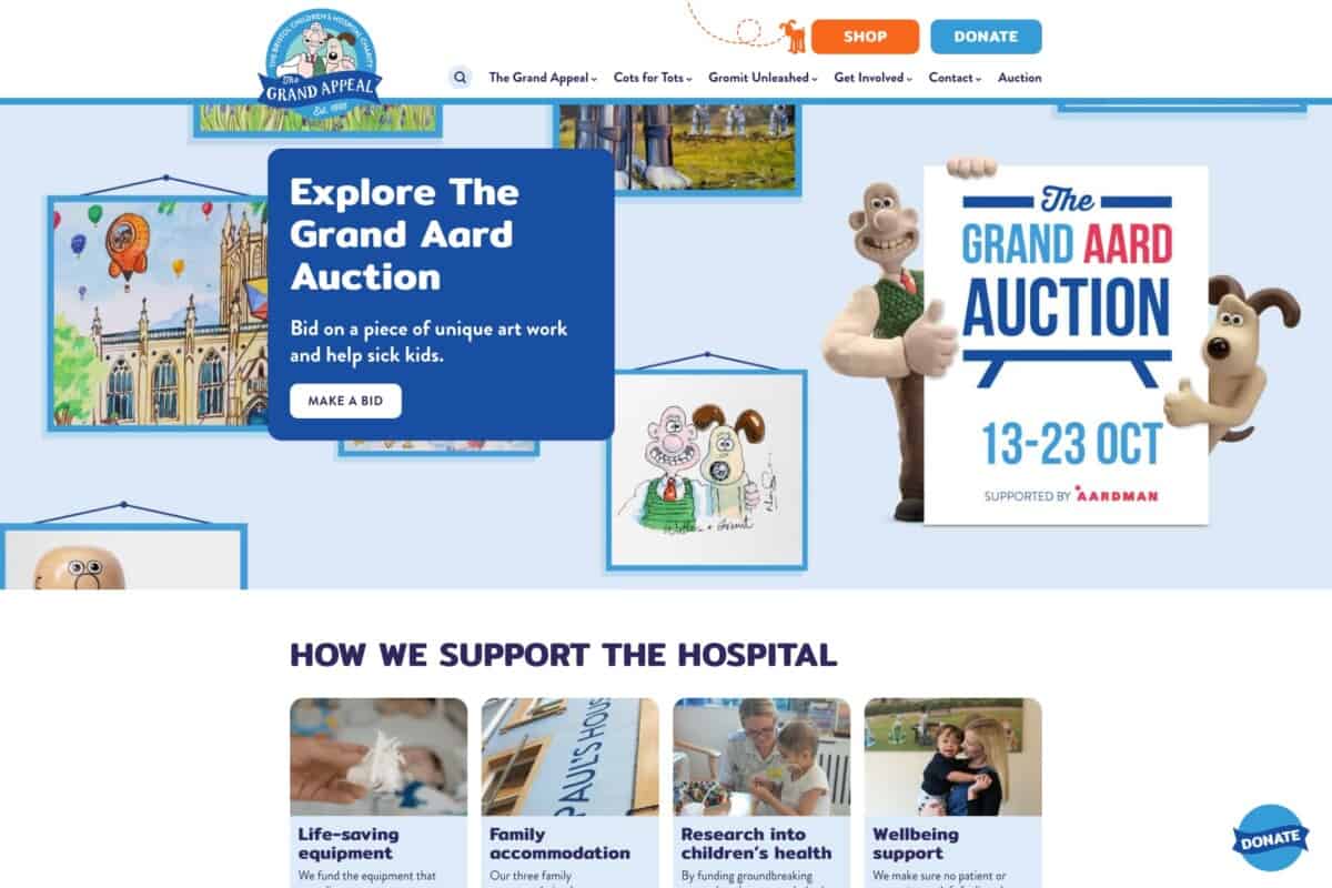 Screenshot of The Grand Appeal's WordPress and WooCommerce site showing charity auction to support Giving Tuesday blog post