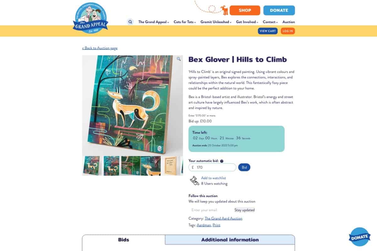 Screenshot of The Grand Appeal's WordPress and WooCommerce site showing charity auction to support Giving Tuesday blog post