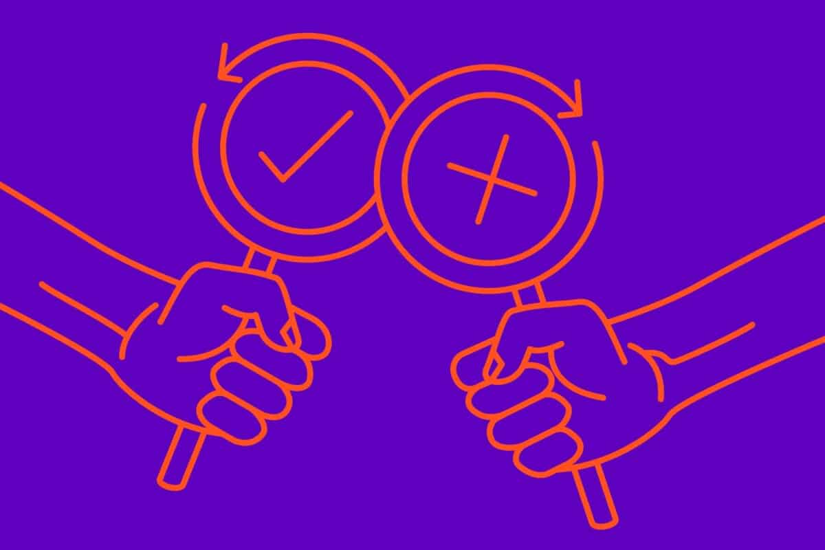 Illustration of two hands, each holding a different item, one with a cross and the other with a tick, illustrating the theme of conversion tracking and experimentation to reflect the blog post topic of benefits and limitations of CRO