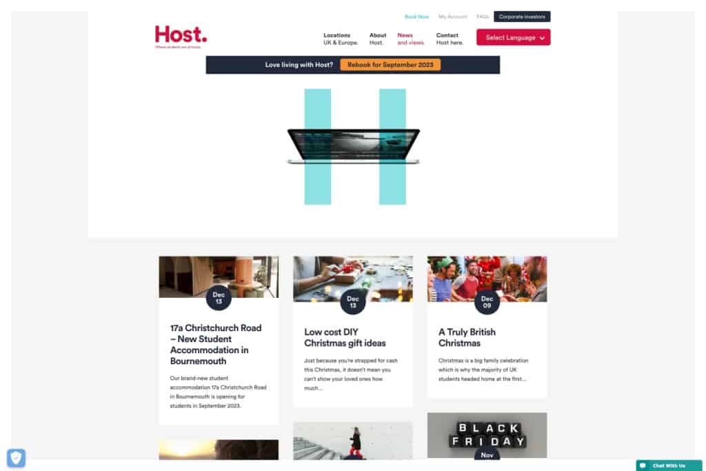 Screenshot of Host's WordPress site showing news and information banner