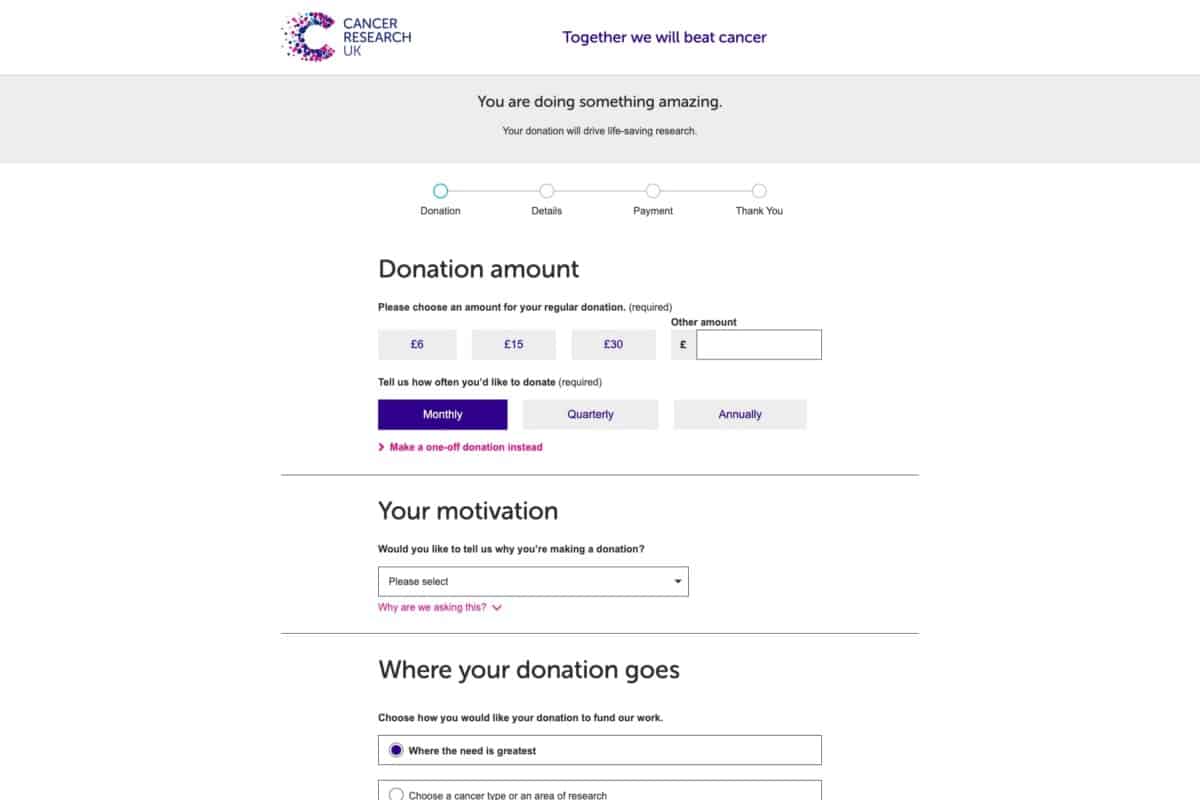 Screenshot of Cancer Research UK donations page