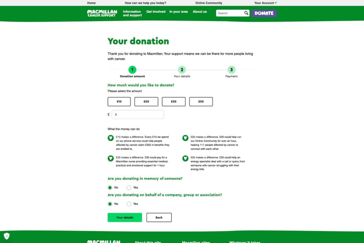 Screenshot of the Macmillan charity donation page