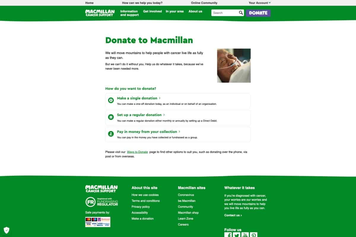 Screenshot of the Macmillan charity donation page