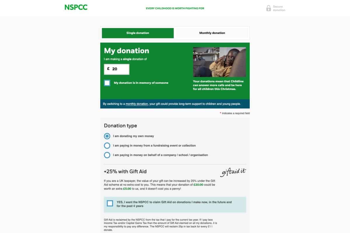 Screenshot of the NSPCC charity donation page