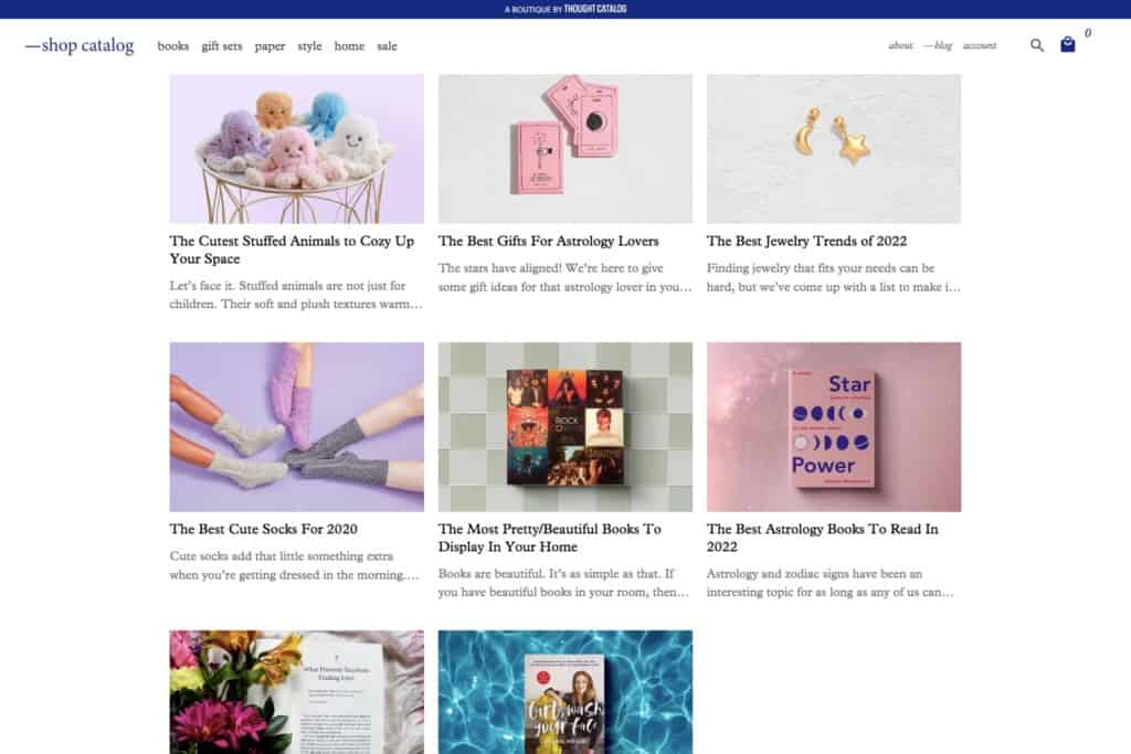 Screenshot of Shop Catalog website blog featuring lists and gift guides.