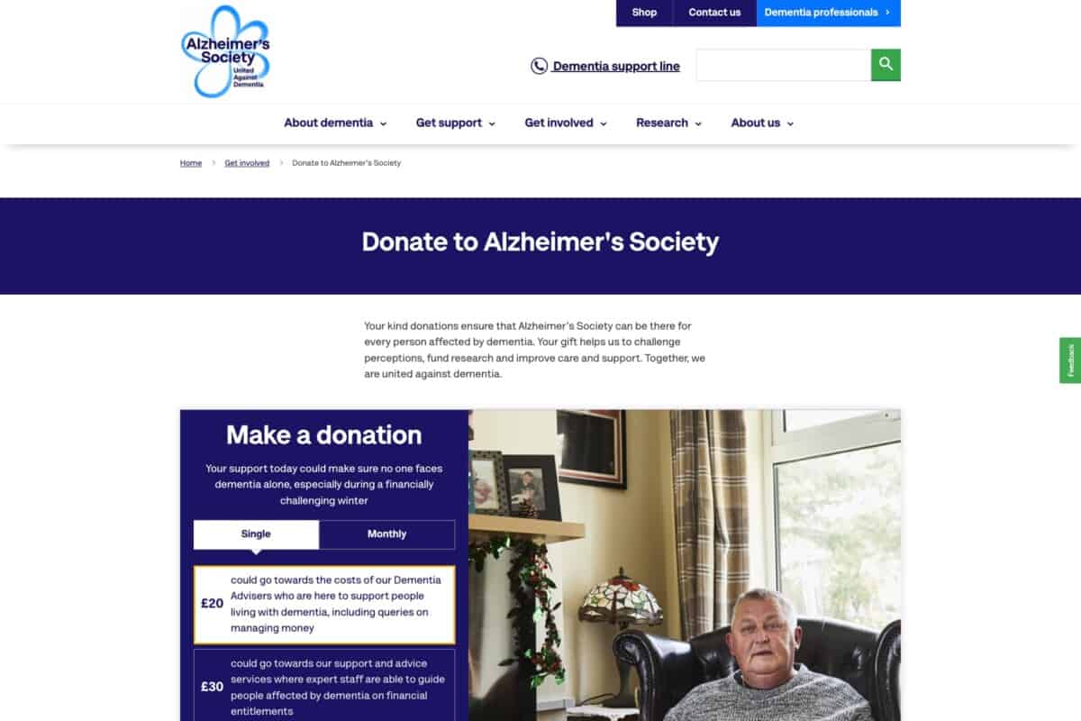 Screenshot of the Alzeimer's UK charity donation page