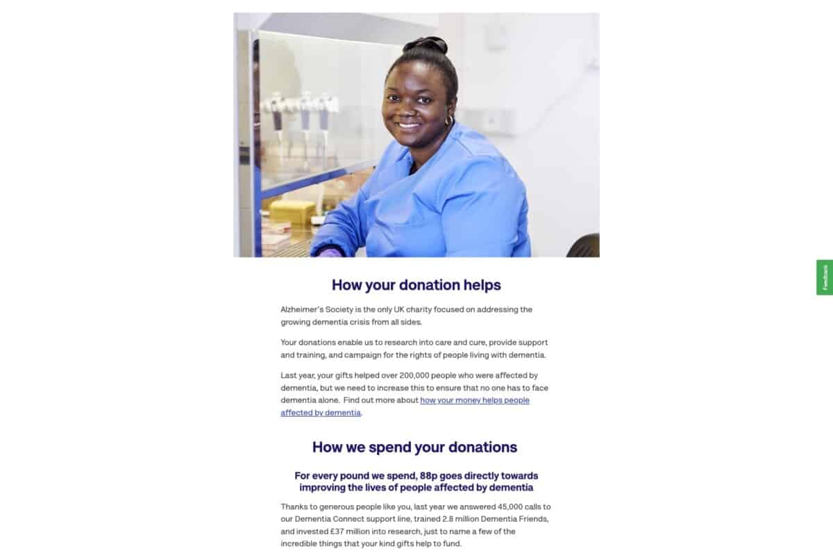 Screenshot of the Alzeimer's UK charity donation page