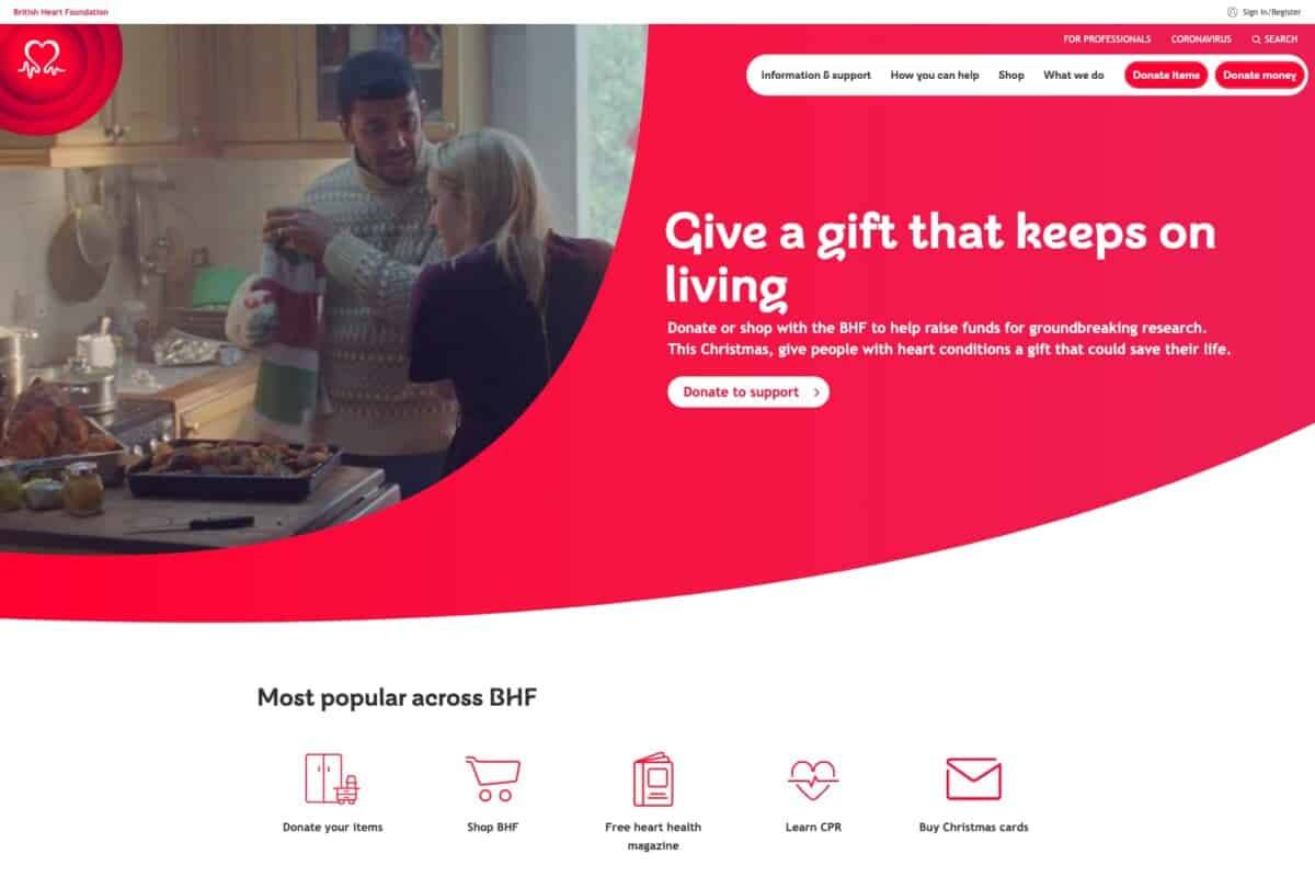 Screenshot of the BHF charity donation page