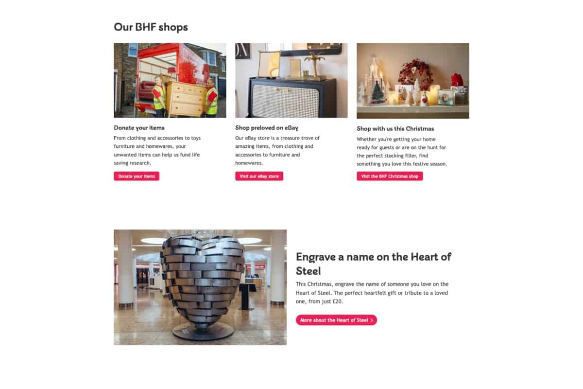 Screenshot of the BHF charity donation page