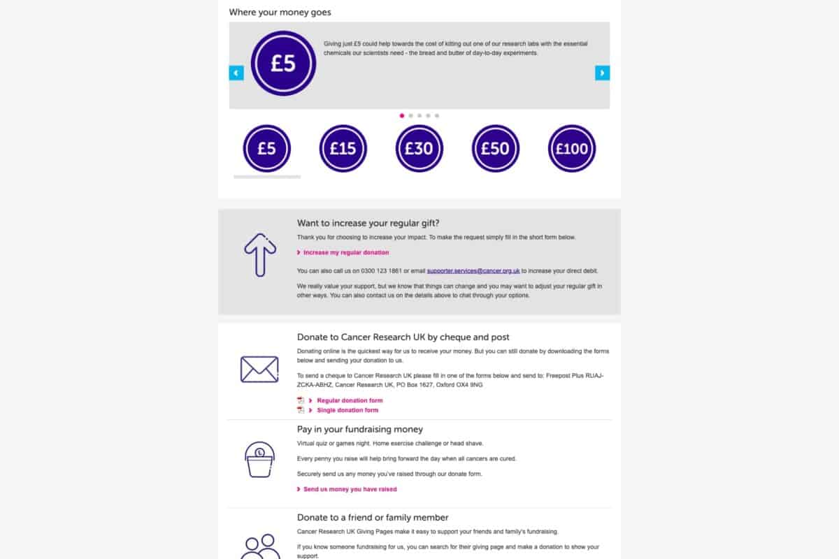 Screenshot of Cancer Research UK donations page