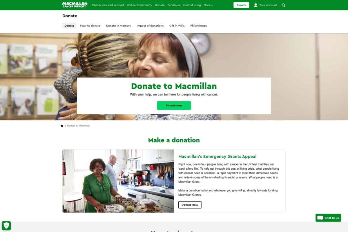 Screenshot of the Macmillan charity donation page