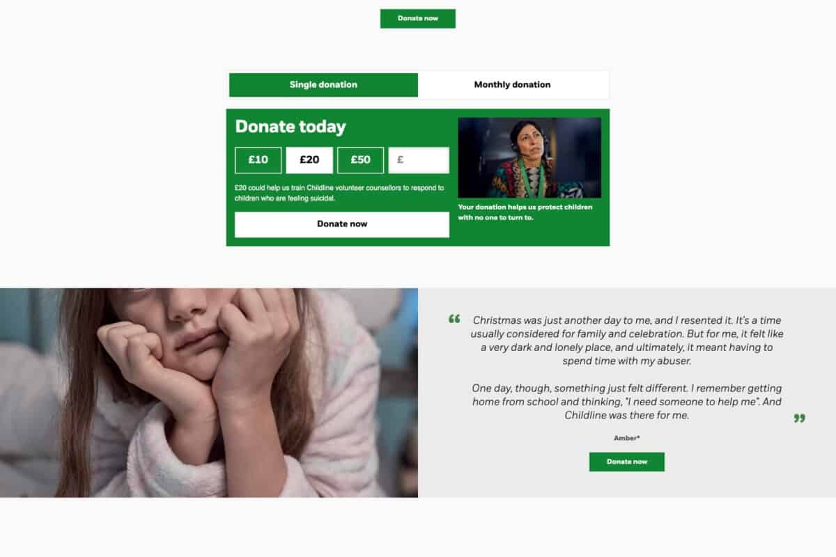 Screenshot of the NSPCC charity donation page