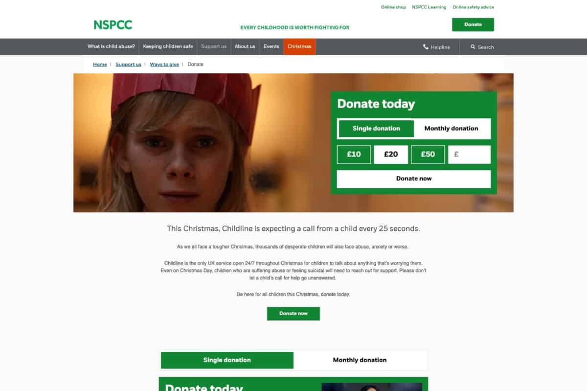 Screenshot of the NSPCC charity donation page