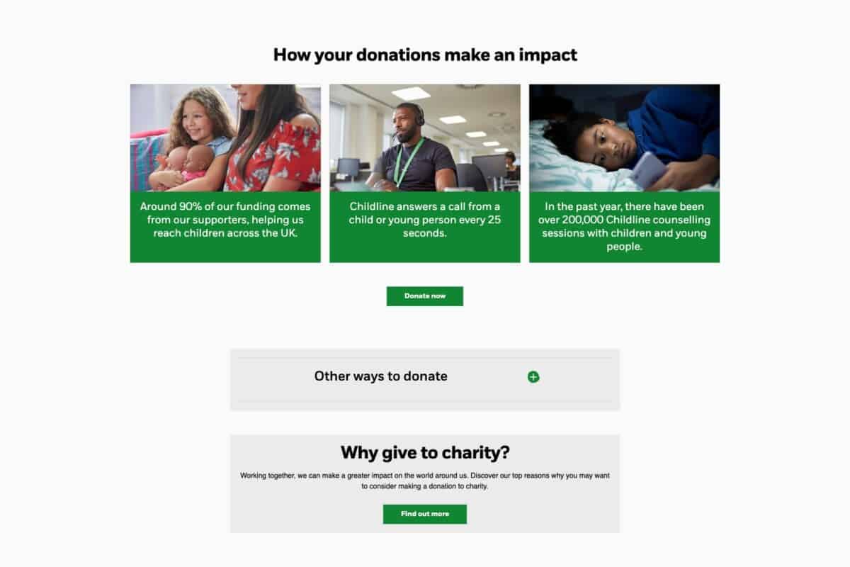 Screenshot of the NSPCC charity donation page