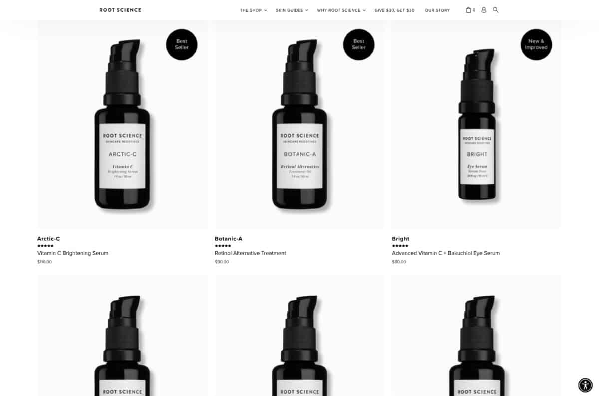 Screenshot showing products on the Root Science WooCommerce store