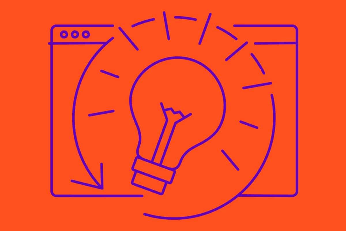 Purple illustration of lightbulb with a circular arrow surrounding it in front of website browser window, set upon an orange background, as a visual depiction of the blog theme of continually investing in a website