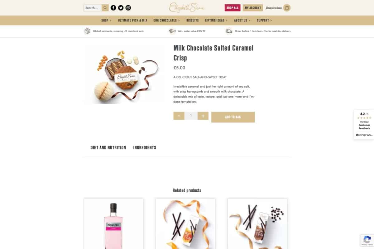 Screenshot of the Elizabeth Shaw WordPress and WooCommerce site showing a product