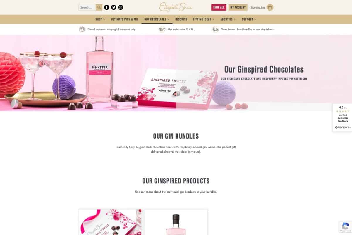 Screenshot of the Elizabeth Shaw WordPress and WooCommerce site showing the option to buy a gin bundle