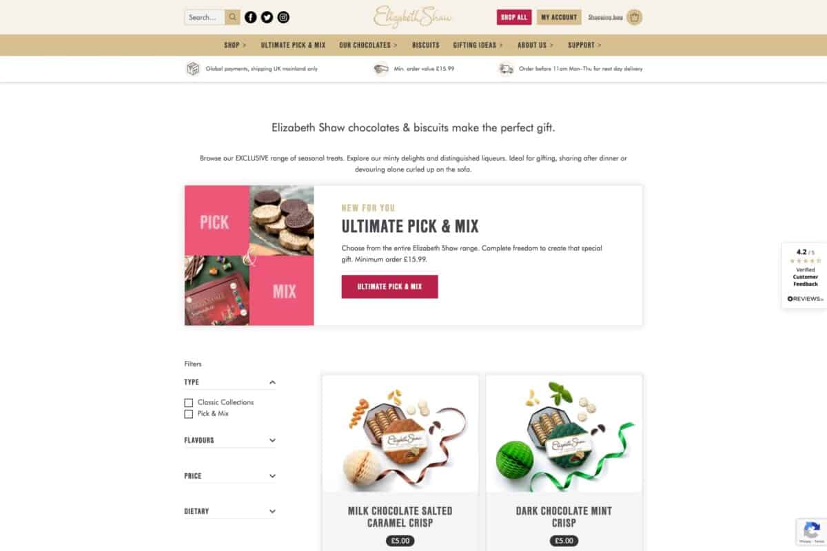 Screenshot of the Elizabeth Shaw WordPress and WooCommerce site showing the shop with a list of products and the option to create a bespoke bundle