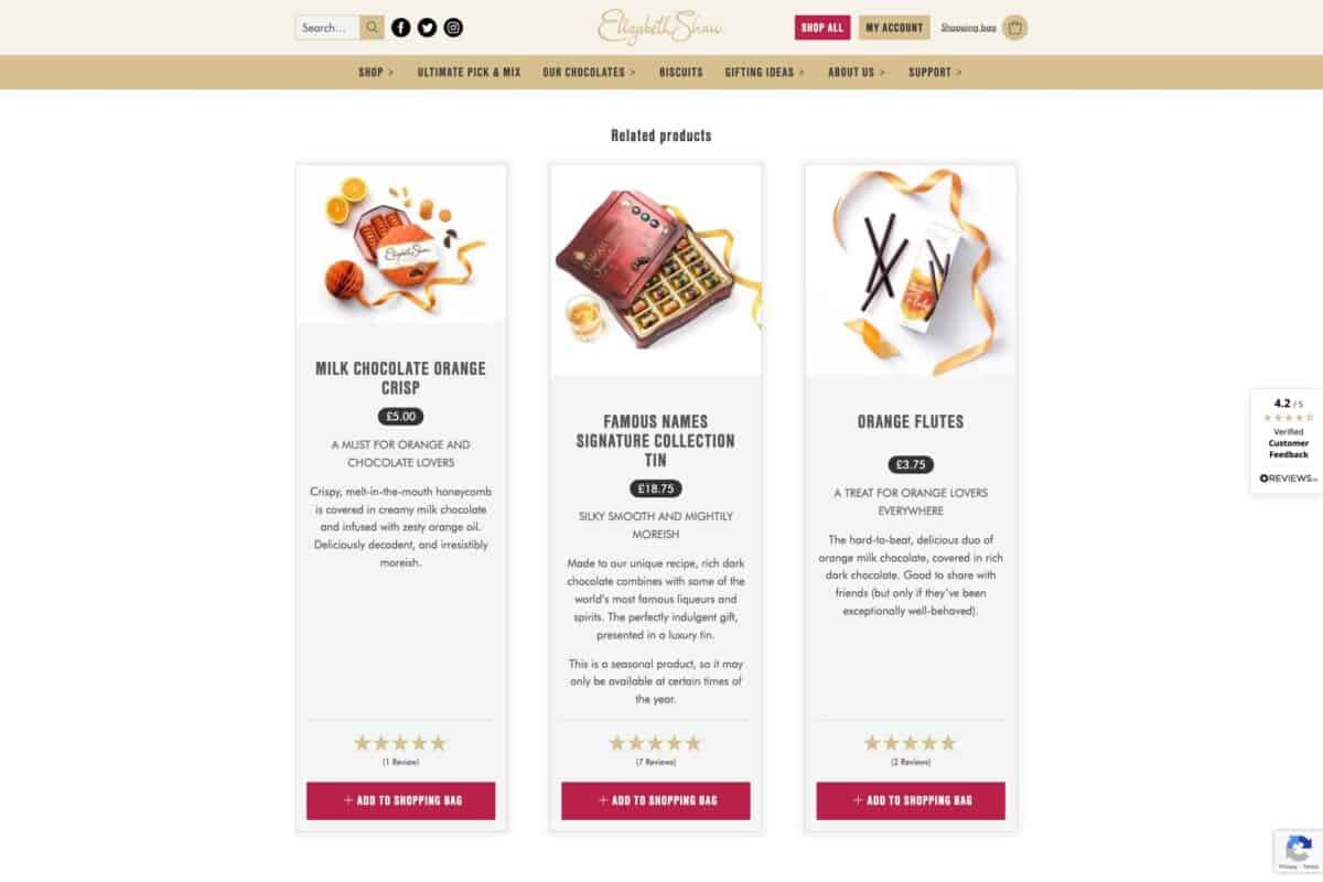 Screenshot of the Elizabeth Shaw WordPress and WooCommerce site showing products