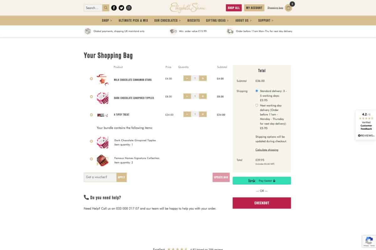 Screenshot of the Elizabeth Shaw WordPress and WooCommerce site showing the basket or shopping cart