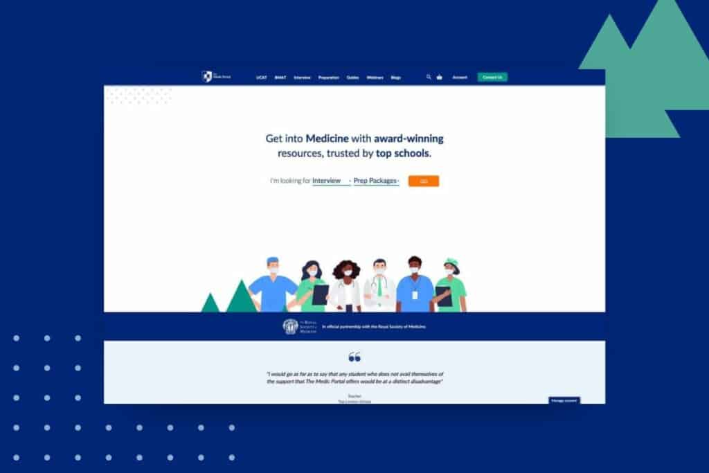 Screenshot of The Medic Portal WordPress and WooCommerce site set in front of a branded background