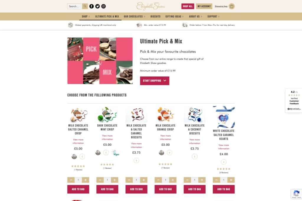 Screenshot of the Elizabeth Shaw WordPress and WooCommerce site showing the option to build a bespoke bundle of luxury confectionery products