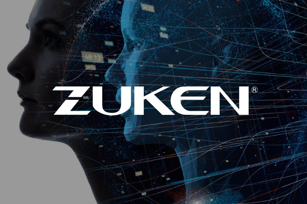 Zuken logo in front of image merging human and software