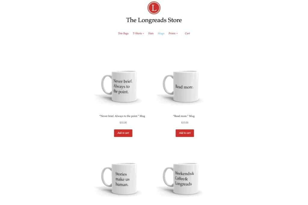 Screenshot of the Longreads WooCommerce store showing a selection of mugs