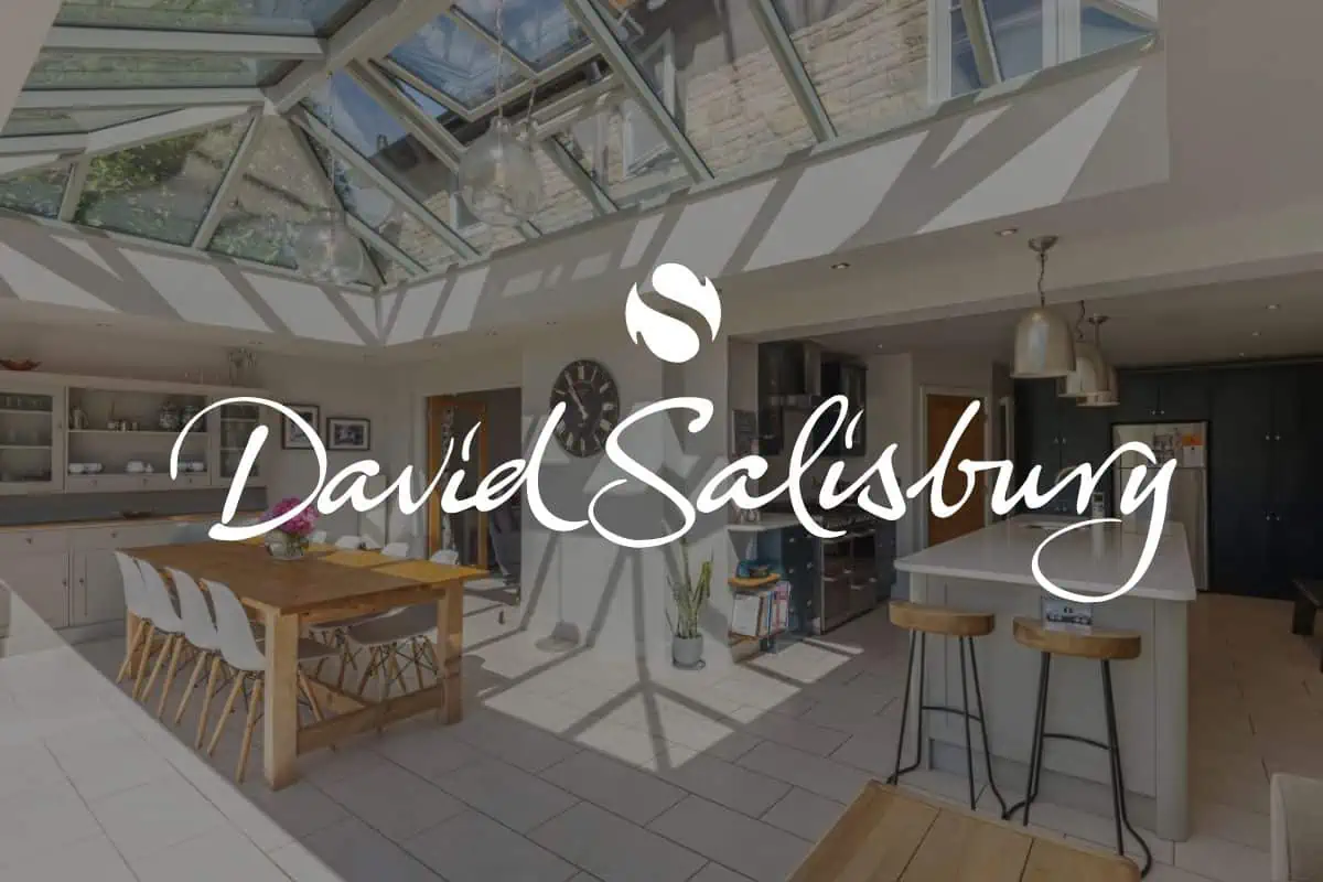 David Salisbury logo in front of image of one of their designed and manufactured conservatories