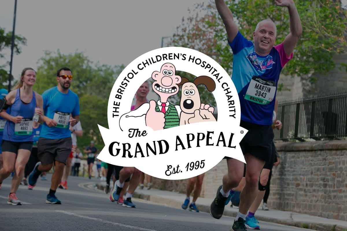 The Grand Appeal logo in front of image of runners fundraising for the charity in a race