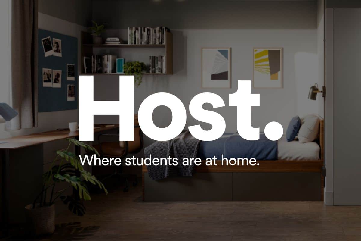 Host logo in front of image of student accommodation room