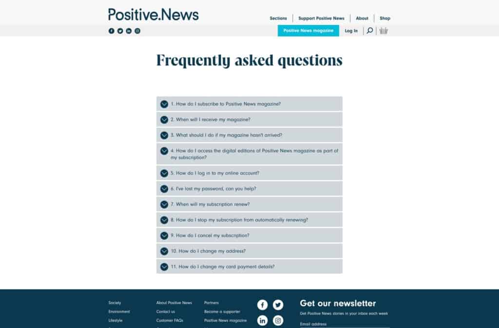 Screenshot of FAQs page on Positive News site