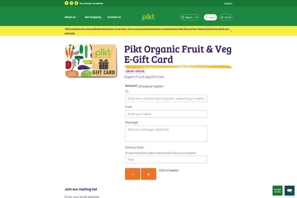 Screenshot of the Pikt WordPress and WooCommerce site showing gift card product