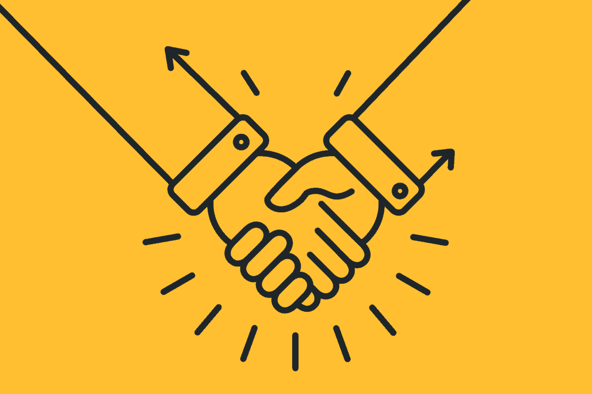 Illustration of handshake in front of yellow background to accompany blog post about outsourcing for business growth