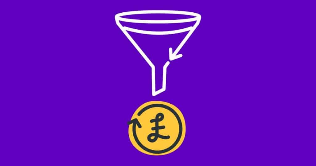 Sales funnel icon and pound icon sign illustrating conversion optimisation against a purple background