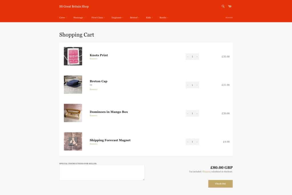 Screenshot of SS Great Britain Shopify store products in checkout flow