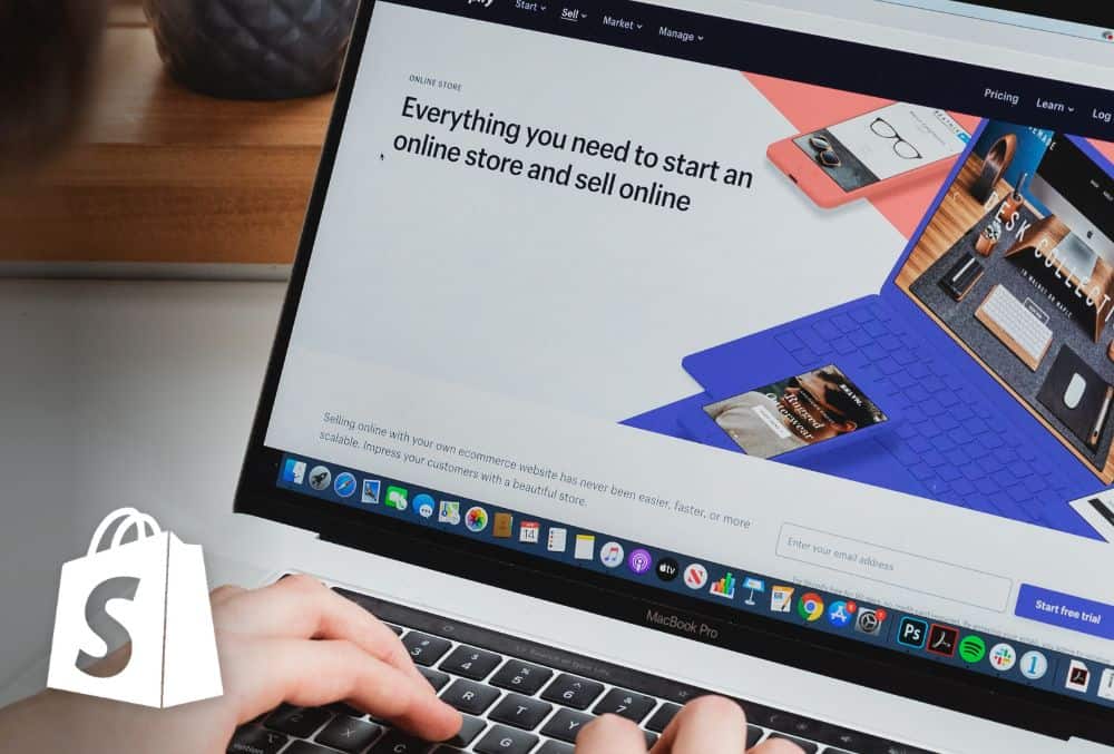 Image of Shopify on laptop screen plus Shopify logo