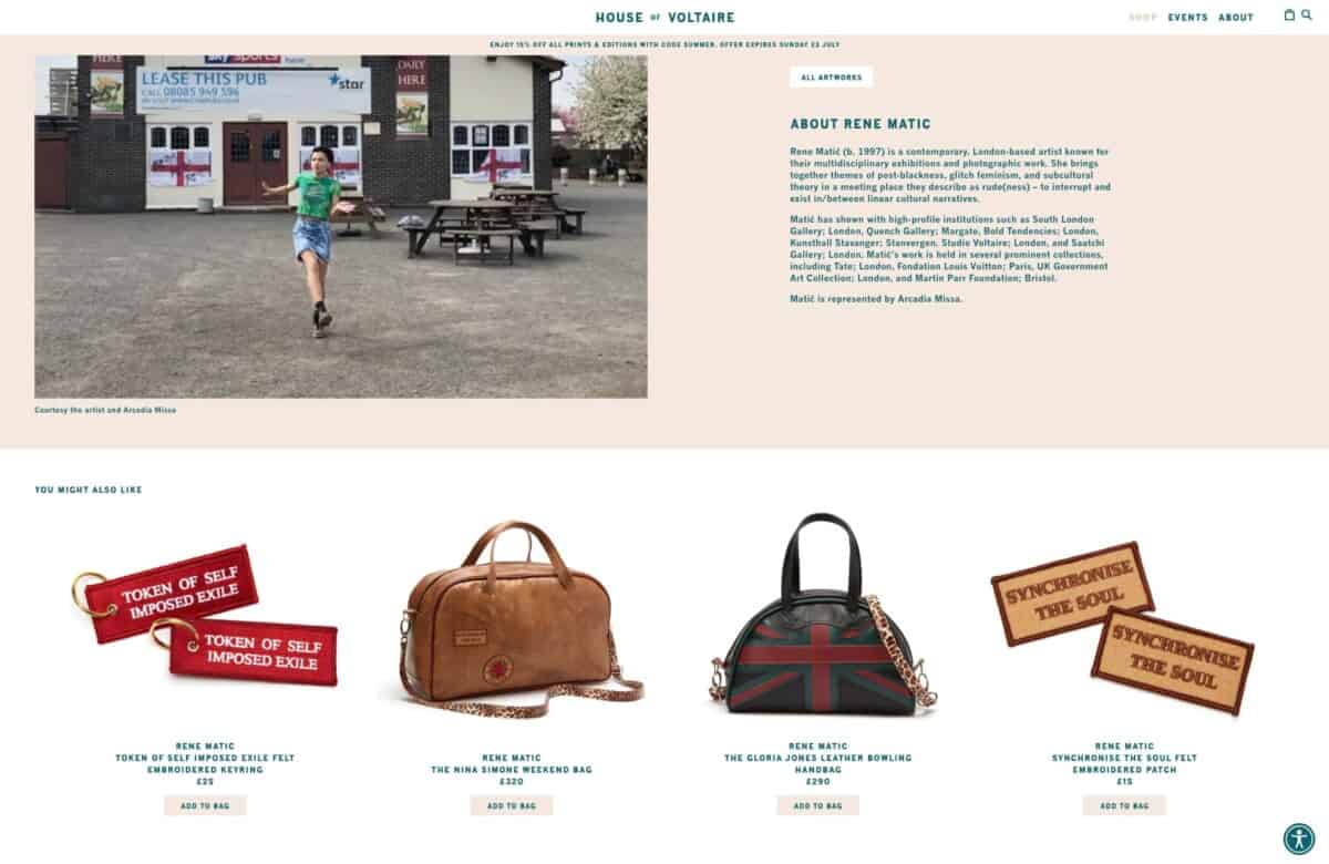 Screenshot of the House of Voltaire Shopify site showing related items at the bottom of a product page for cross-selling